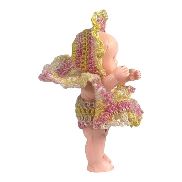 Vintage Miniature Celluloid Plastic DOLL 3" In Crochet Dress & Hat Pink Yellow - Picture 2 of 7